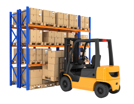 A yellow forklift loads cardboard boxes onto a tall blue rack in a warehouse