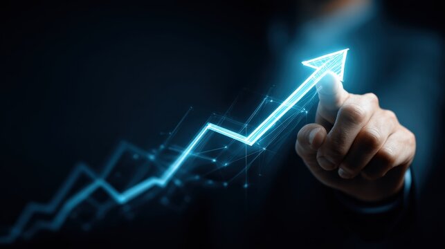 Businessman is touching growing financial chart with an upward arrow, indicating growth and success - Powered by Adobe
