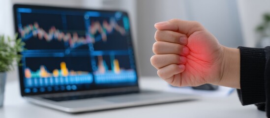 Office worker holds painful wrist, highlighted in red, with laptop displaying graphs in background, suggesting work related strain