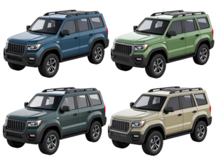 Four SUVs in teal, green, dark-green, and beige