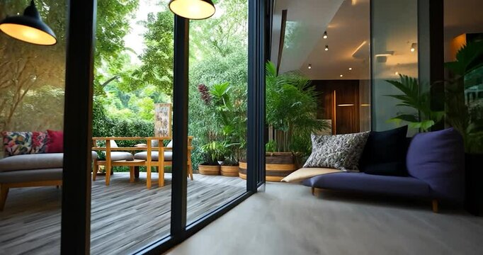 Close up view of decorative pillows stacked on a wooden floor with an indoor outdoor scene visible through a glass wall showcasing interior design