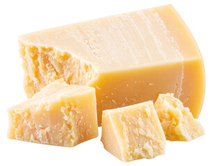 Hard cheese block with cut pieces, showing its pale yellow color and granular texture
