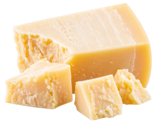 Hard cheese block with cut pieces, showing its pale yellow color and granular texture