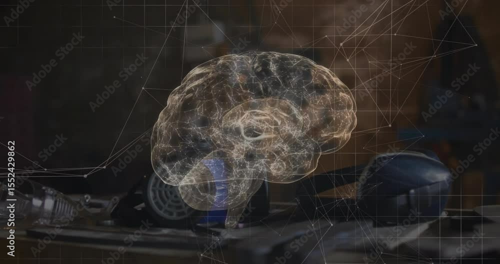 Poster on appearing above tool bench, translucent brain hologram rotating to showcase network grid overlay