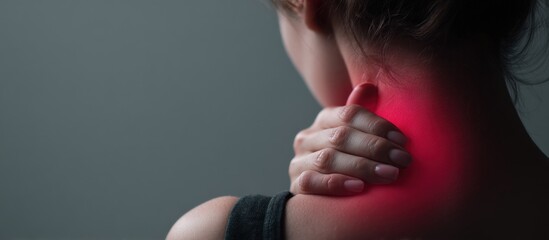 Woman gripping her neck and shoulder in visible pain, highlighted in red against a gray background, depicting discomfort and suffering