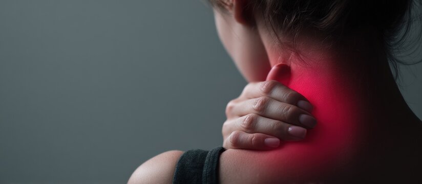 Woman gripping her neck and shoulder in visible pain, highlighted in red against a gray background, depicting discomfort and suffering