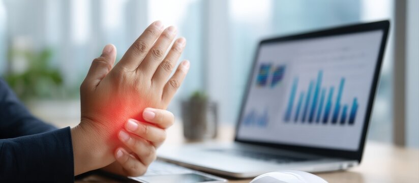 Businesswoman holds her wrist in pain, possibly from carpal tunnel syndrome or repetitive strain injury, highlighting the physical strain of office work