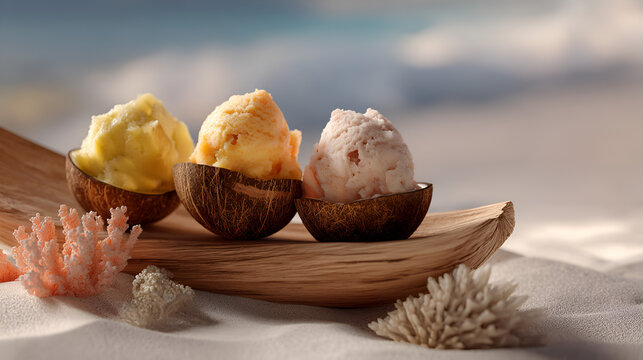 Tropical dessert: three scoops of frozen treat in coconut shells, placed on wood, beachy summer vibe