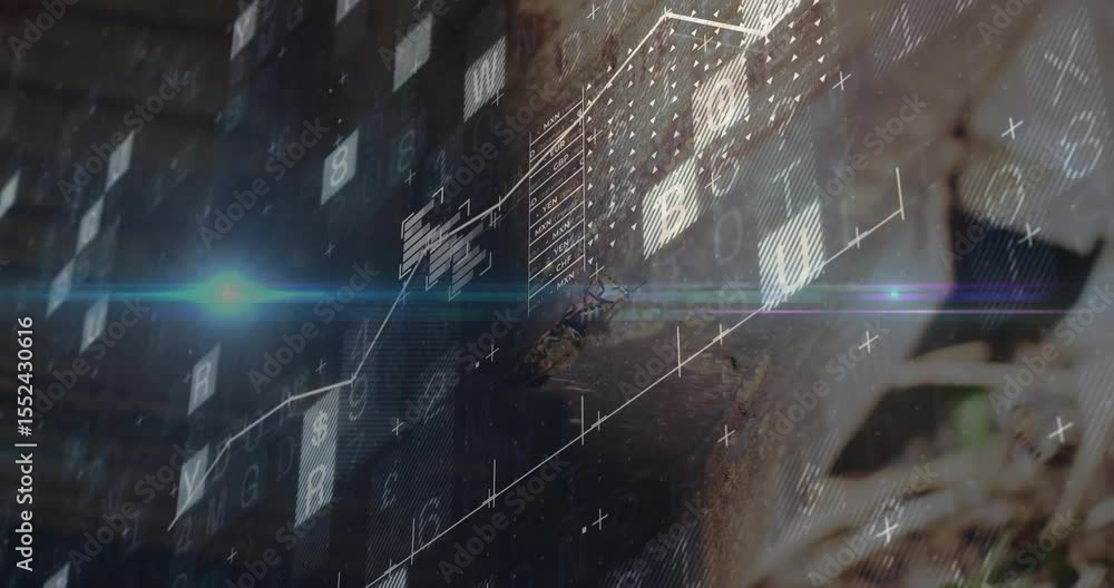 Poster upon grid fading in, graph climbing and cubes drifting with lens flare sweeping, visualizing data