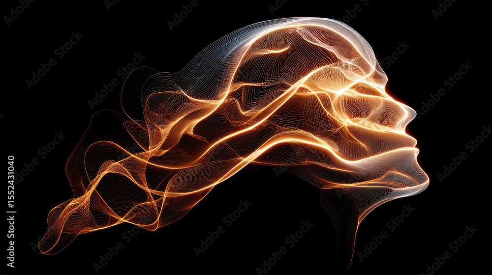 Poster glowing abstract human face profile made of flowing light lines on black background, creating dynami