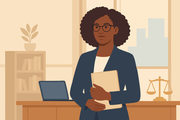 A confident Black woman lawyer in a corporate office, standing by a large window with city view, holding legal documents and smiling. A bookshelf and a laptop on a wooden desk. Elegant interior, soft 
