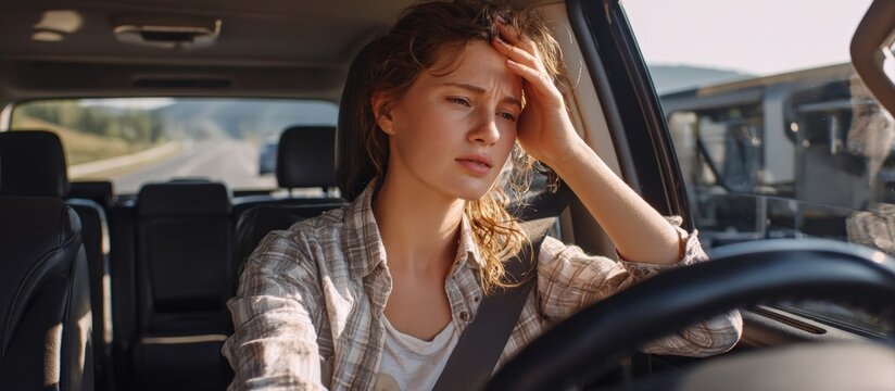 Stressed woman experiencing headache and neck pain while driving her car, feeling unwell and tired during road trip
