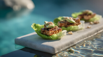 Appetizing sesame tofu lettuce wraps with avocado chunks near a pool for a refreshing summer snack.