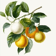 Colorful Citrus Fruits on Branch with Green Leaves and Water Droplets Highlighting Freshness and Natural Beauty