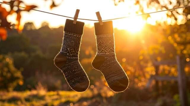 Pair Of Brown Socks Drying In Autumn Sun