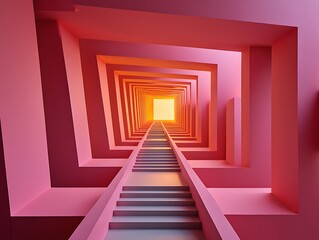 Obraz premium Stairs leading to a bright light in a pink tunnel