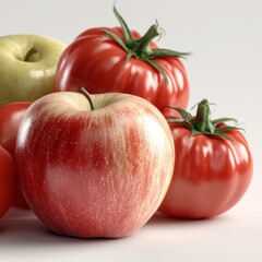 Fototapeta premium Fresh red tomatoes and shiny green apples displayed together on a white surface, showcasing vibrant colors and freshness