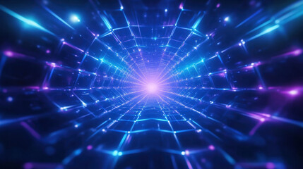 Futuristic glowing tunnel with blue and purple neon lights creating dynamic digital network effect in dark space