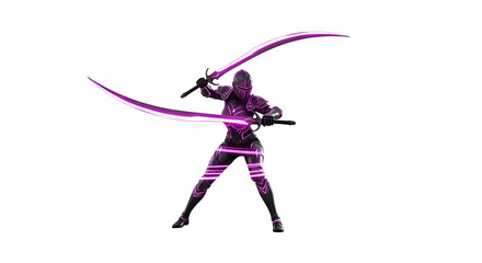 Fototapeta premium Cybernetic warrior in dynamic pose wielding glowing magenta swords against a transparent black background.