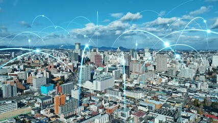 Aerial view of modern city and communication network concept - Powered by Adobe