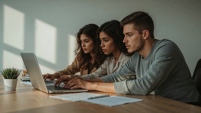 Three people are discussing in front of a laptop, focused on the laptop screen and documents on the desk,sitting,job,work