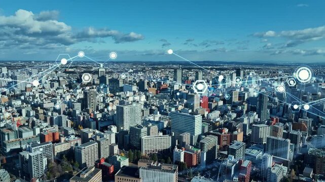 現代都市の空撮風景と通信ネットワークのコンセプト