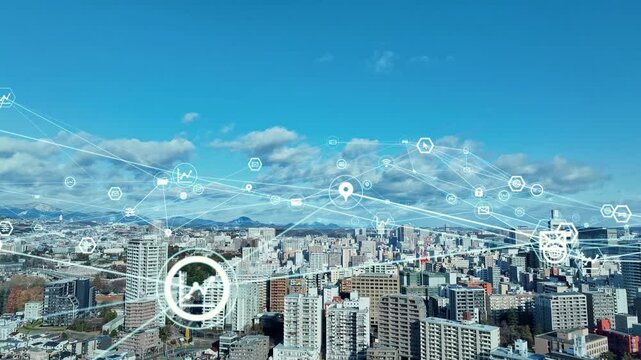 Aerial view of modern city and communication network concept