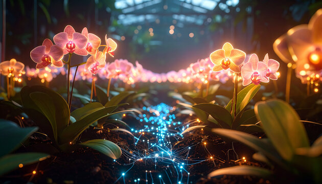 Quantum Orchid Garden. Artificial Intelligence concept. Generated Image