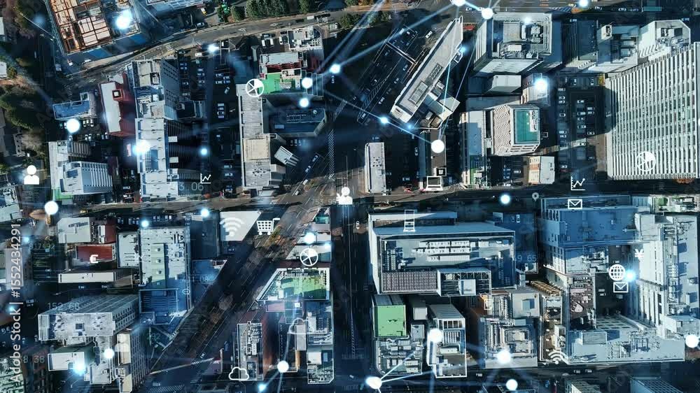 Poster 現代都市の真俯瞰空撮風景と通信ネットワークのコンセプト