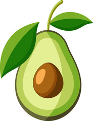 Minimalist vector of a single avocado half with pit and leaf accent with white background.