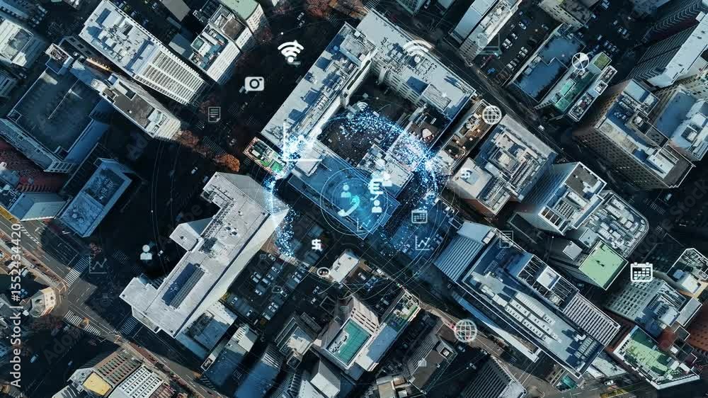Poster 現代都市の真俯瞰空撮風景と通信ネットワークのコンセプト