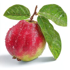 Fresh Red Apple with Dew Drops and Green Leaves on White Surface, Macro Photography, Natural Still Life Close-Up