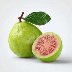 Fresh Green Guava Fruit with Leaf and Sliced Section on White Background for Culinary and Health Projects