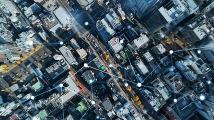 現代都市の真俯瞰空撮風景と通信ネットワークのコンセプト - Powered by Adobe