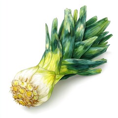 Fresh green scallion on a white background with detailed texture and vibrant colors, showcasing a healthy vegetable option