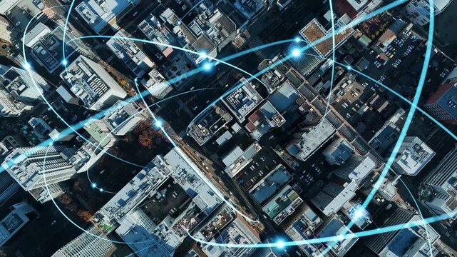 Aerial view of modern city and communication network concept