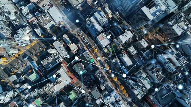 現代都市の真俯瞰空撮風景と通信ネットワークのコンセプト