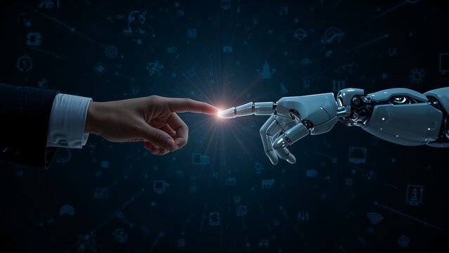 Human hand and robot hand touch each other,