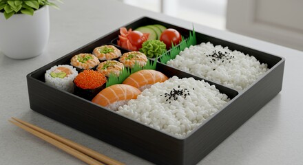 Delightful Bento Box: A perfectly curated Japanese lunch featuring fresh sushi, rice, and vibrant vegetables, ready to savor.
