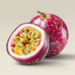 Vibrant Passion Fruit Halved with Seeds Exposed on Neutral Background Revealing Juicy Interior and Textured Skin in Bright Colors