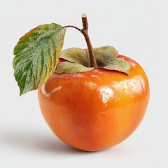 Fresh and Juicy Persimmon with Leaf on White Background Showcasing Vibrant Color and Natural Texture