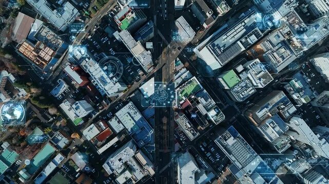 現代都市の真俯瞰空撮風景とデジタルテクノロジーのコンセプト