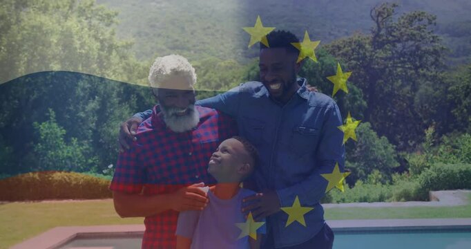 EU flag fading in initiating three-gen family in marketing, turning heads and smiling poolside