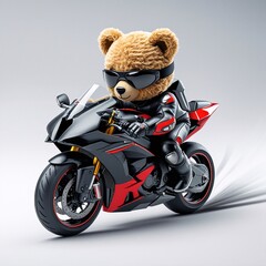 A cute, fluffy teddy bear riding a sleek racing sport motorcycle, wearing a full-body black leather racing suit, racing gloves, boots, and a matching helmet (or sunglasses for a cool look). 