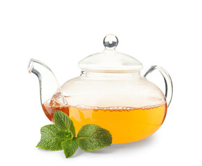 Teapot of hot mint tea on white background