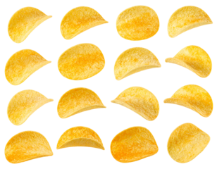 A grid showcasing sixteen potato chips, each exhibiting varying shapes and golden-brown hues against a black backdrop