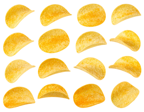 A grid showcasing sixteen potato chips, each exhibiting varying shapes and golden-brown hues against a black backdrop