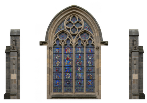 Illustration of Gothic Stained Glass Window with Stone Frame Transparent