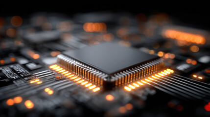 Nano-Sized Computer Chips with Glowing Circuits on Transparent Background

