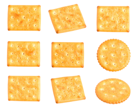 Nine assorted crackers, rectangular and round, showcasing variations in orientation and shape